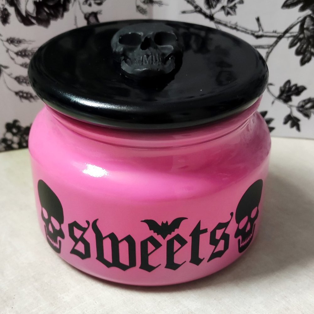 Pastel Goth SWEETS JAR | Pink+Black Glass Candy Dish w/ Skulls & Bat